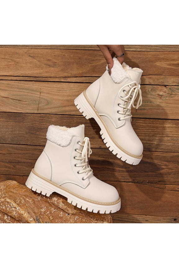 Women’s Combat Boots Warm Winter Snow Boots for Women Lace Up Mid-Calf Fashion Booties Beige 7.5(40)