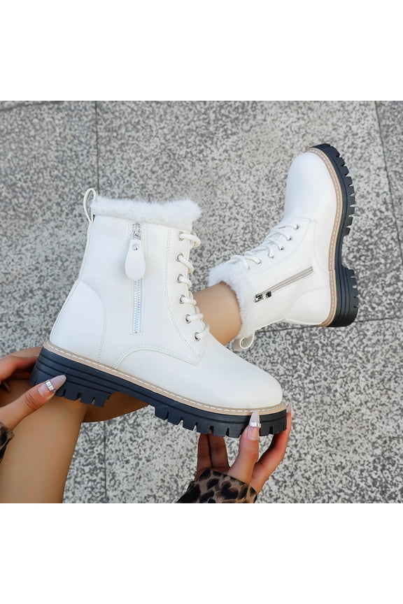 Women’s Combat Boots Warm Winter Snow Boots for Women Lace Up Side Zipper Mid-Calf Fashion Booties Beige 6(37)