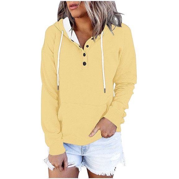 Miluxas Women's Contrasting Color Button Hooded Pocket Pullover Fashionable Sweatshirts Fall Blouses for Women Beige S(S)