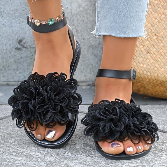 Miluxas Women's Coquette Bowknot Ankle Strap Leather Sandals Holiday Beach Flat Sandals Black 9.5(43)