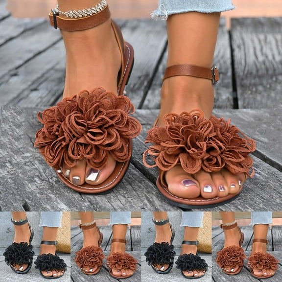 Miluxas Women's Coquette Bowknot Ankle Strap Leather Sandals Holiday Beach Flat Sandals Brown 9.5(43)