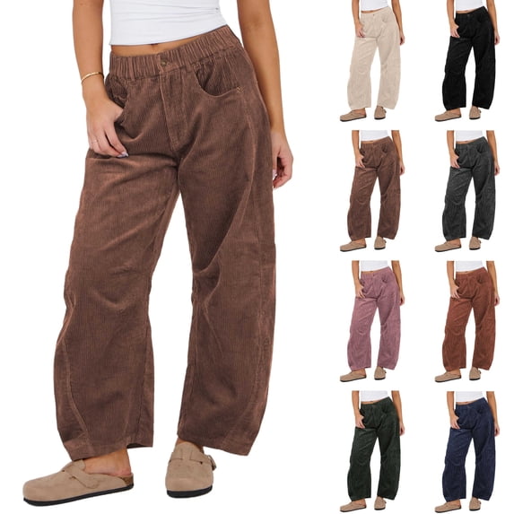 Miluxas Women's Corduroy Pants Elastic High Waisted Loose Straight Trousers Casual Fall Winter Pants with Pockets Purple