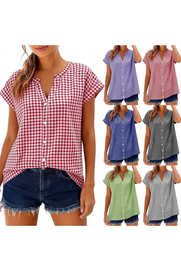 Women's Cotton Linen Button Down Plaid Shirts V Neck Rolled Cuffed Short Sleeve Blouses Dressy Casual Business Work Vacation Tops Red