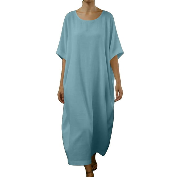 Miluxas Women's Cotton Linen Kaftan Dress Scoop Neck Batwing Sleeve Maxi Dress Casual Beach Vacation Outfits Light Blue
