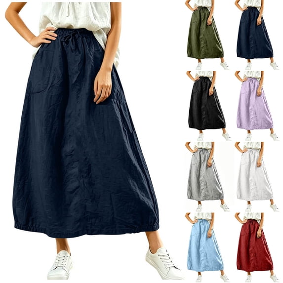 Miluxas Women's Cotton Linen Maxi Skirt Elastic Waist Drawstring A Line Casual Long Skirt with Pockets Loose Flowy Linen Skirt for Summer Daily Wear White