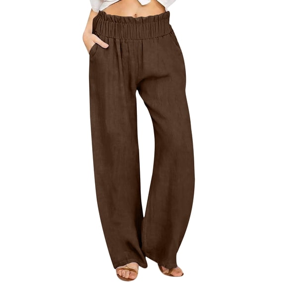 Miluxas Women's Cotton Linen Pants Summer Solid Wide Leg Trousers Elastic Waist Casual Beach Vacation Outfits with Pockets Brown