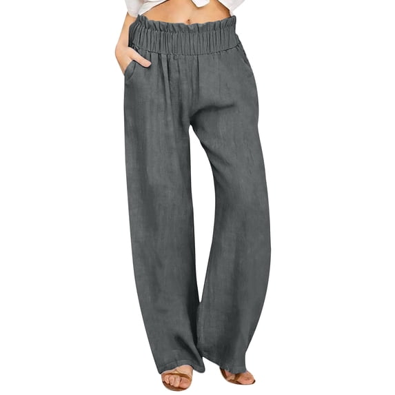 Miluxas Women's Cotton Linen Pants Summer Solid Wide Leg Trousers Elastic Waist Casual Beach Vacation Outfits with Pockets Gray