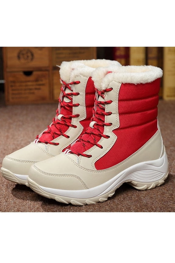 Women's Cotton Warm Fur Snow Winter Lace Up Flat Cute Plus Size Comfortable Ankle Platform Boots Red 8.5(41)
