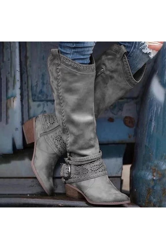 Women's Cowboy Boots Mid Calf Cowgirl Boots Embroidery Stitched Square Toe Western Boots Gray 4.5(35)