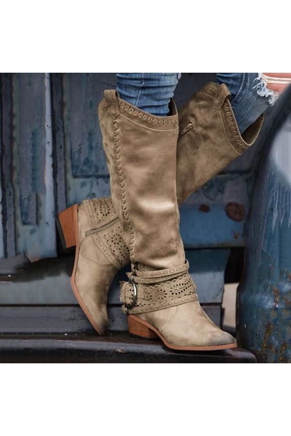 Women's Cowboy Boots Mid Calf Cowgirl Boots Embroidery Stitched Square Toe Western Boots Khaki 6(37)
