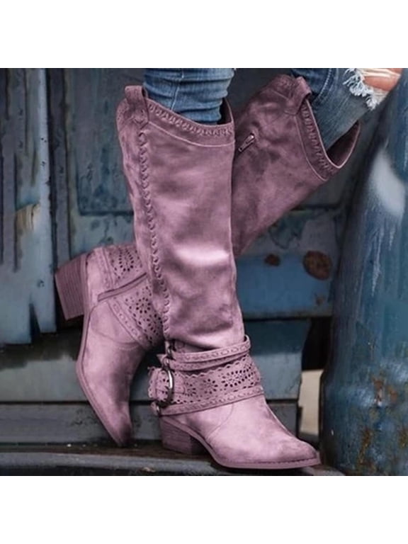 Women's Cowboy Boots Mid Calf Cowgirl Boots Embroidery Stitched Square Toe Western Boots Purple 9.5(43)