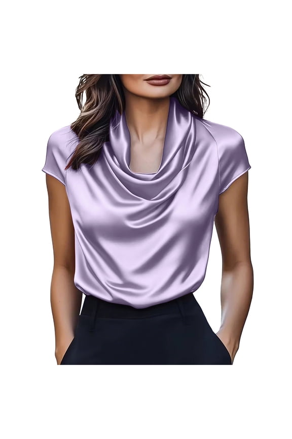 Women's Cowl Neck Satin T Shirts Summer Elegant Short Sleeve Blouses Casual Comfy Dressy Tunic Tops Clothes Purple