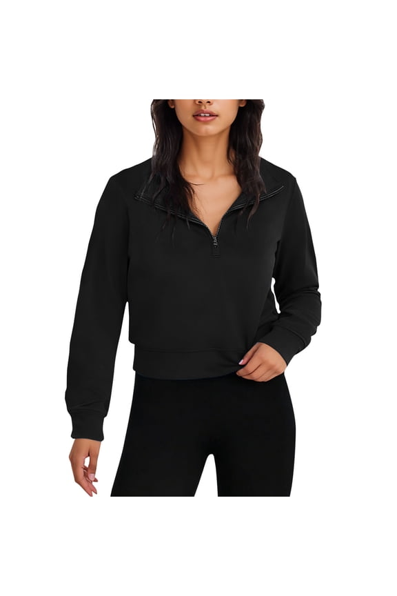 Women's Cropped Half Zip Pullover Quarter Zipper Long Sleeve Sweatshirt for Casual Wear Black M(M)
