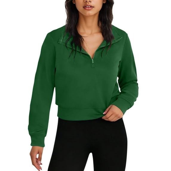 Miluxas Women's Cropped Half Zip Pullover Quarter Zipper Long Sleeve Sweatshirt for Casual Wear Green M(M)