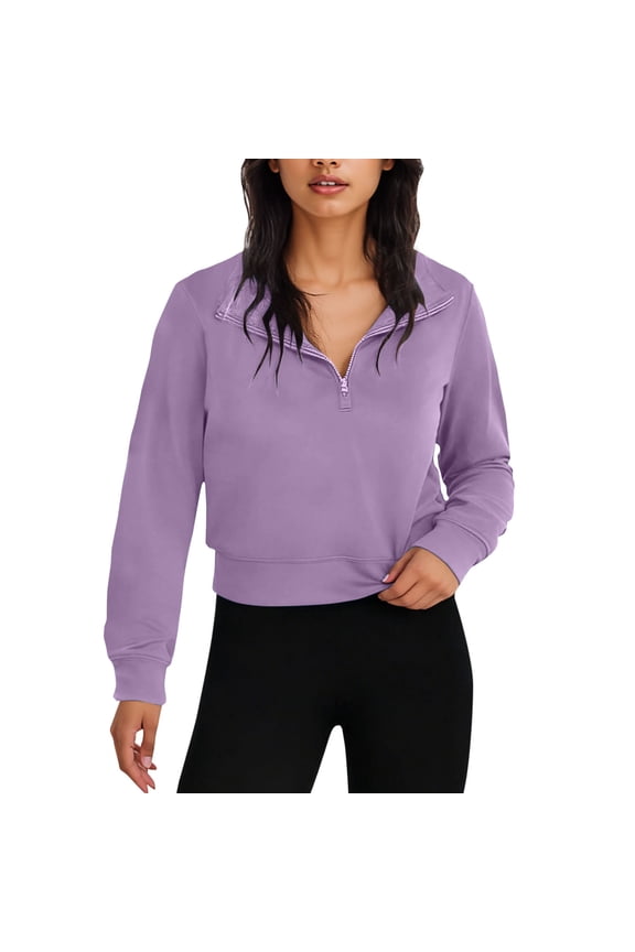 Women's Cropped Half Zip Pullover Quarter Zipper Long Sleeve Sweatshirt for Casual Wear Purple S(S)