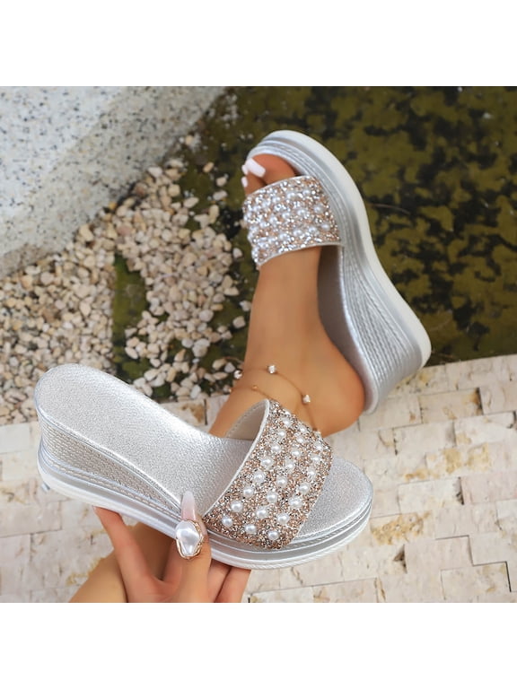 Women's Crystal Open Toe Wedge Sandals Slides,Summer Fashion Outdoor Platform High Heeled Casual Dress Rhinestones Wedge Sandals Silver 7(39)
