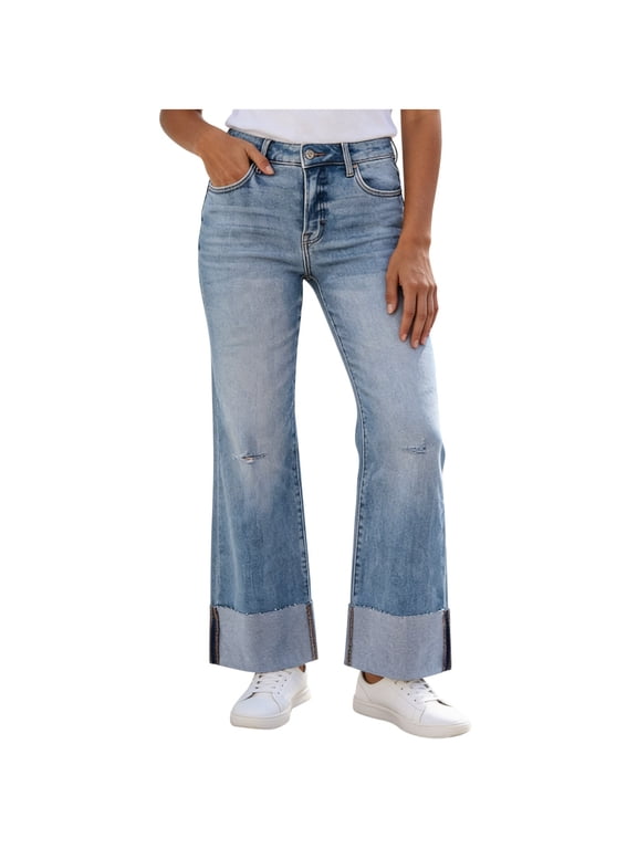 Women's Cuffed Hem Distressed Flare Jeans Casual Washed High Waisted Wide Leg Denim Pants with Pockets Street Wear Blue