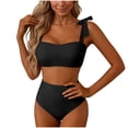 thumbnail image 1 of Miluxas Women's Cute Bow Tie Shoulder 2 Piece Bikini Sets Solid Color Square Neck High Waisted Bathing Suit for Beach Pool Black, 1 of 5