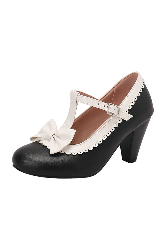 Women's Cute Retro Shoes Stylish T Strap Mary Janes Chunky Heeled Shoes Sweet Block Heeled Bowknot Pumps Black 9(42)