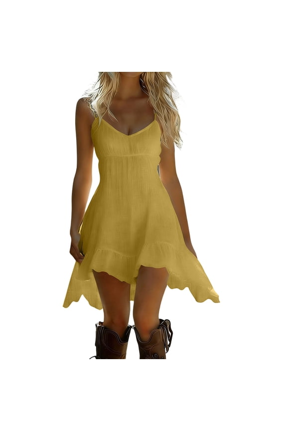 Women's Cute Spaghetti Strap Cami Mini Dress Trendy V Neck Bodycon Ruffle Hem Short Dresses Flowy Swing Beach Party Dress Yellow
