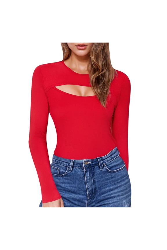 Women's Cutout Tops Basic Long Sleeve Round Neck Slim Fit T-Shirts Red