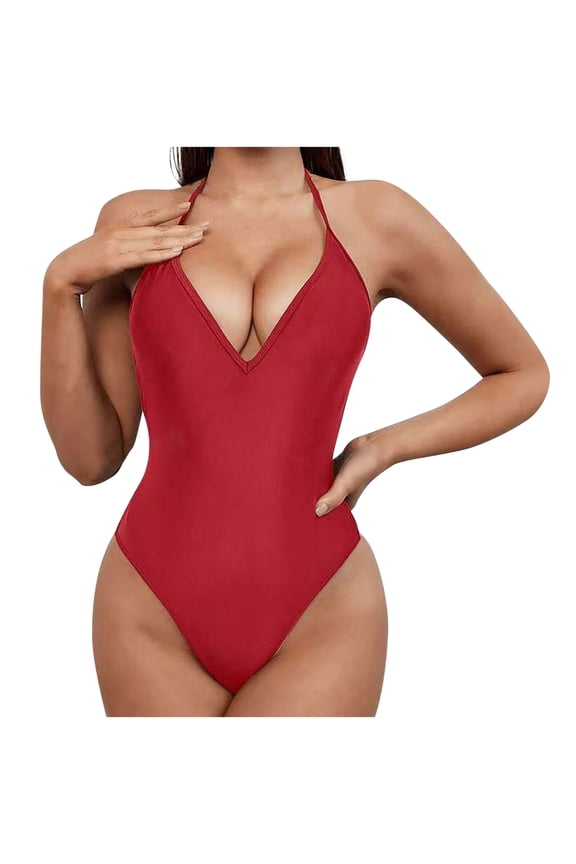 Women's Deep V Neck Bodysuit Double Lined Plunge Tummy Control Shapewear Thong Body Suits Backless Cami Tank Red L(L)
