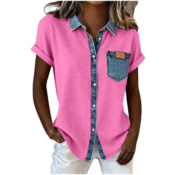 Miluxas Women's Denim Patchwork Button Down Blouse Short Sleeve Turn Down Collar Top with Pocket Casual Summer Shirts Hot Pink