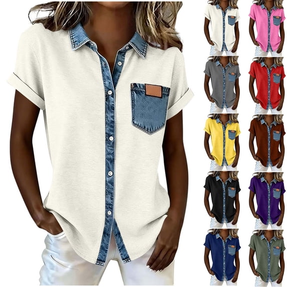 Miluxas Women's Denim Patchwork Button Down Blouse Short Sleeve Turn Down Collar Top with Pocket Casual Summer Shirts Yellow