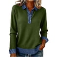 thumbnail image 1 of Miluxas Women's Denim Patchwork Sweatshirts Classic Knit Tops Loose Long Sleeve Button Up Collared Henley Shirts Army Green L(L), 1 of 8