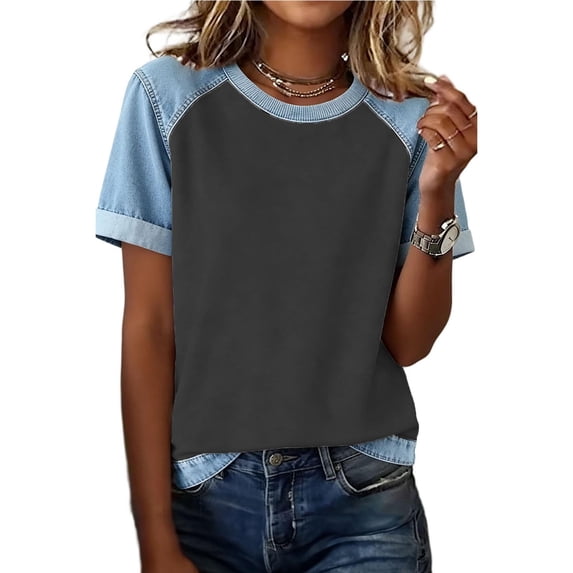 Miluxas Women's Denim Raglan Sleeve T-Shirt Crew Neck Color Block Casual Summer Basic Tops Dark Gray