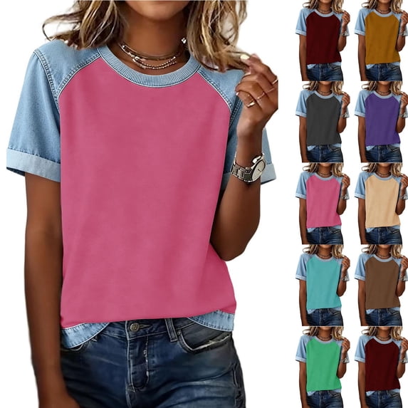Miluxas Women's Denim Raglan Sleeve T-Shirt Crew Neck Color Block Casual Summer Basic Tops Wine
