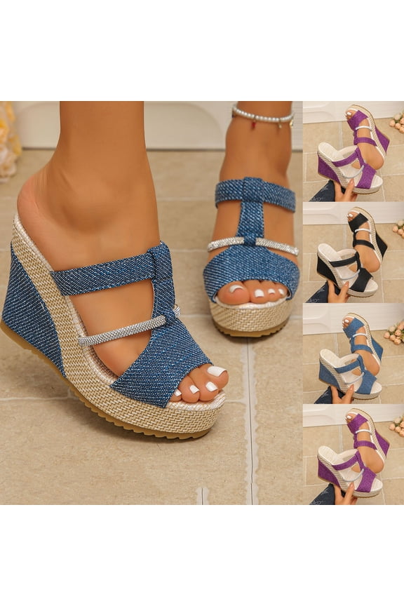 Women's Denim Rhinestone T-Strap Wedge Sandals,Open Toe Espadrille Platform Mules, Fashion Slip On High Heels Purple 9.5(43)