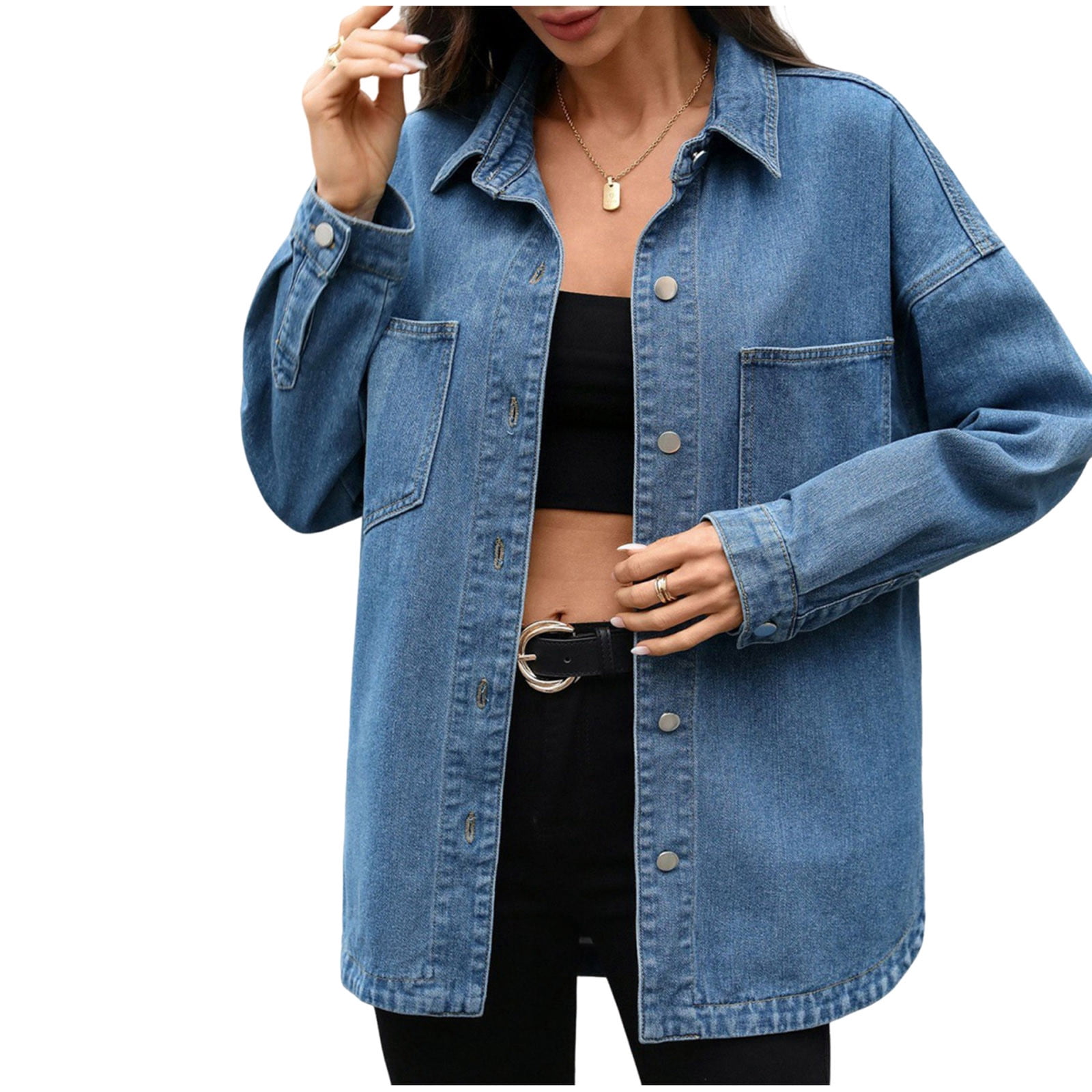 Miluxas Women’s Denim Shirt Jean Jackets Coat Button Down Long Sleeve ...