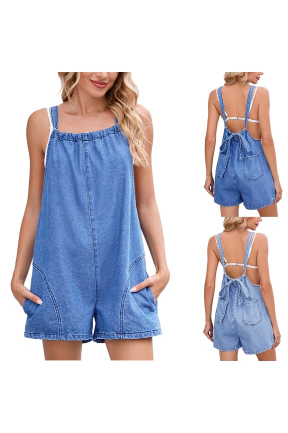 Women's Denim Short Overalls Spaghetti Strap Backless Tie Back Romper with Pockets Summer Casual Beach Vacation Overalls Shorts Light Blue