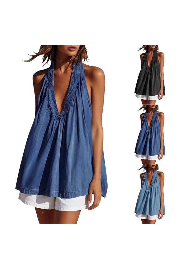 Women's Denim Sleeveless Tank Top V Neck Casual Loose Swing Blouses with Gathered Bust Summer Trendy T Shirts for Daily Beach Vacation Navy