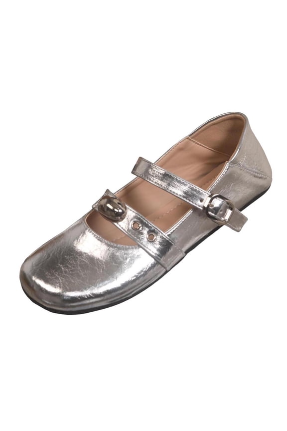 Women’s Double Strap Metal Ornament Mary Jane Flats, Round Toe Shiny Patent Leather Slip On Shoes, Retro Daily Ballet Flats Silver 7(39)
