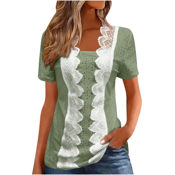 Miluxas Women's Dressy Lace Trim Eyelet Shirts Short Sleeve Loose Square Neck office Tops Trendy Going Out Tunic Blouse Green XL(XL)