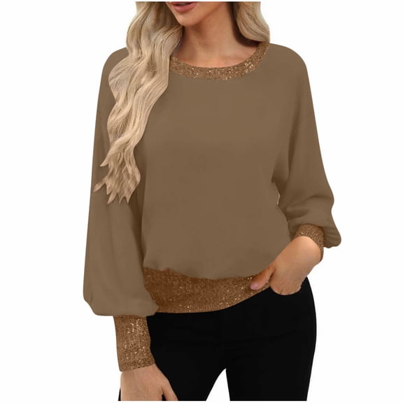 Miluxas Women's Dressy Sequin formal Top Long Sleeve Shirt Blouses Brown S(S)