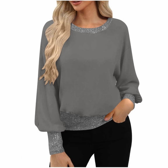 Miluxas Women's Dressy Sequin formal Top Long Sleeve Shirt Blouses Gray L(L)