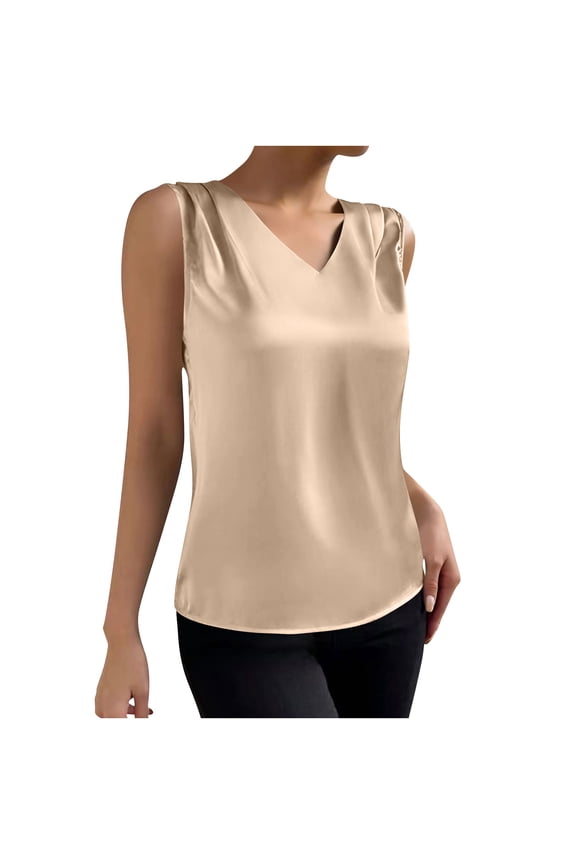 Women's Dressy Tank Tops Summer Sleeveless Work Blouses Silk Satin V Neck Shirts Business Casual Outfits Beige