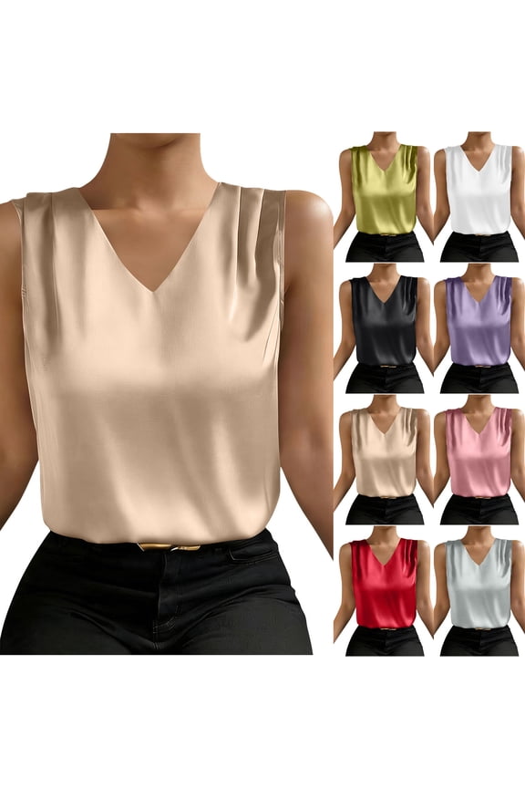 Women's Dressy Tank Tops Summer Sleeveless Work Blouses Silk Satin V Neck Shirts Business Casual Outfits White