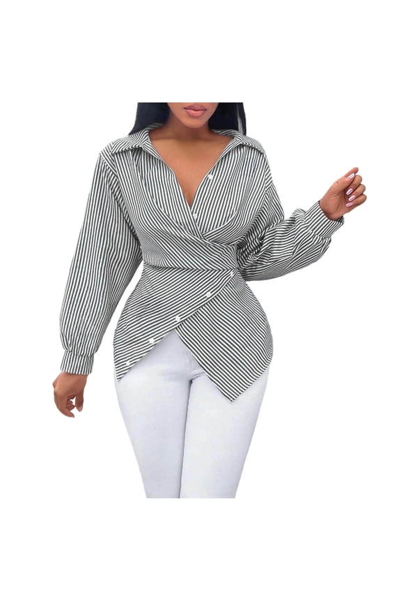 Women's Dressy Wrap Peplum Blouse Tops Casual Striped V Neck Peplum Shirts Tie Waist Long Sleeve Shirts Business Casual Outfits Black