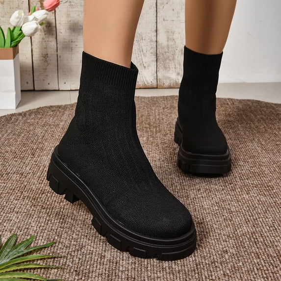 Miluxas Women's Elastic Ankle Boots Slip on Lug Sole Chunky Heel Platform Ankle Booties for Women Black 6(37)