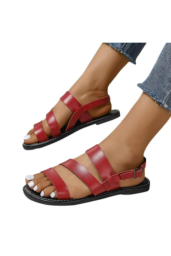 Women's Elastic Ankle Strap Flat Sandals Summer Dressy Shoes Cute Strappy Gladiator Sandals Red 6.5(38)