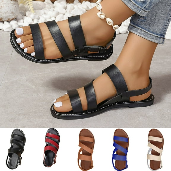 Miluxas Women's Elastic Ankle Strap Flat Sandals Summer Dressy Shoes Cute Strappy Gladiator Sandals Red 9.5(43)