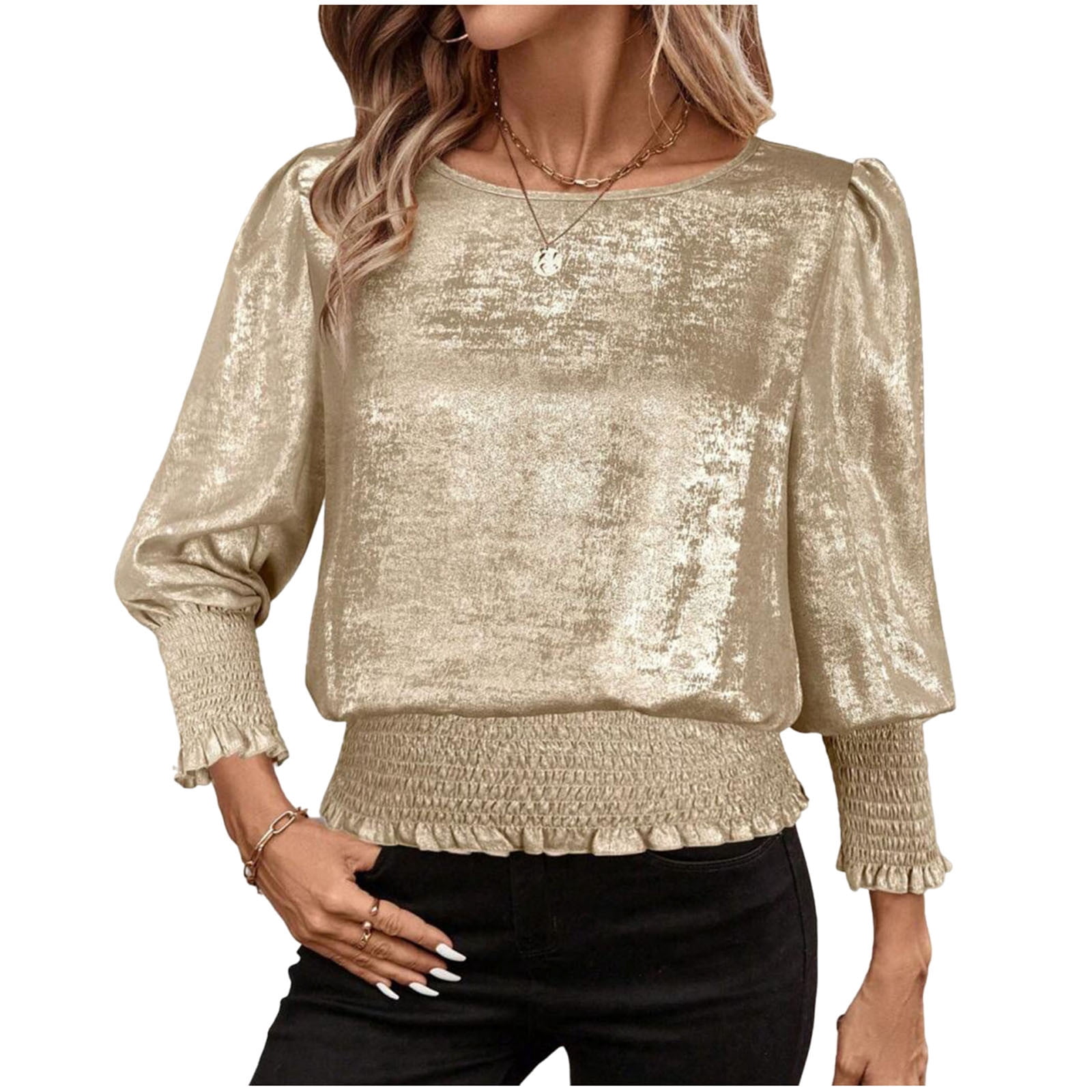 Miluxas Women's Elastic Cinched Waist Tops Banded Bottom Solid Crew ...