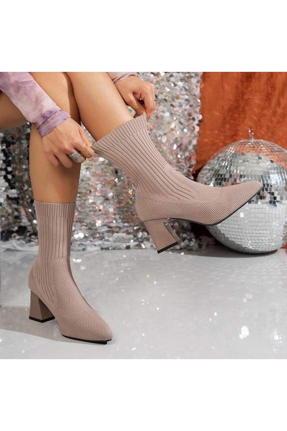 Women’s Elastic Knit Block Heel Ankle Boots Pointed Toe Slip On Breathable Casual Chunky Heel Sock Booties Comfort Fall Winter Dress Womens Boots Khaki 9(42)