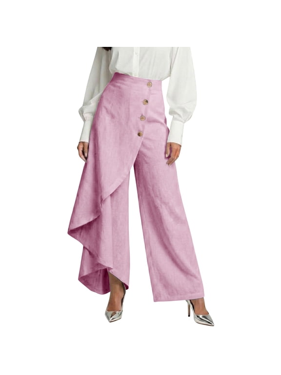 Women's Elegant Asymmetrical Ruffle Wrap Front Button Detail Trousers Summer Solid High Waist Wide Leg Pants for Work office Casual Wear Pink