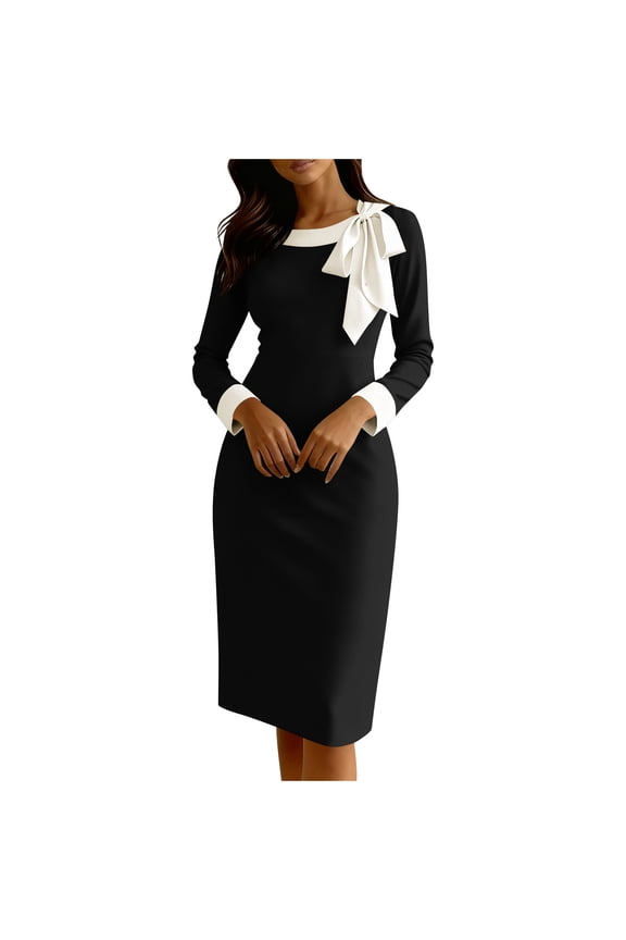 Women's Elegant Business Dresses Long Sleeve Contrast Trim Dress Crew Neck Bow Tie Knee Length Bodycon Dress Black
