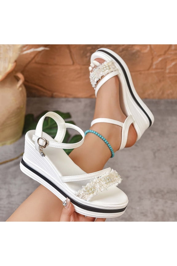Women's Elegant Glitter Rhinestone Platform Sandals, Womens Summer Open Toe Comfortable Elastic Ankle Strap Wedge Sandals Dressy, for Wedding Evening White 5.5(36)